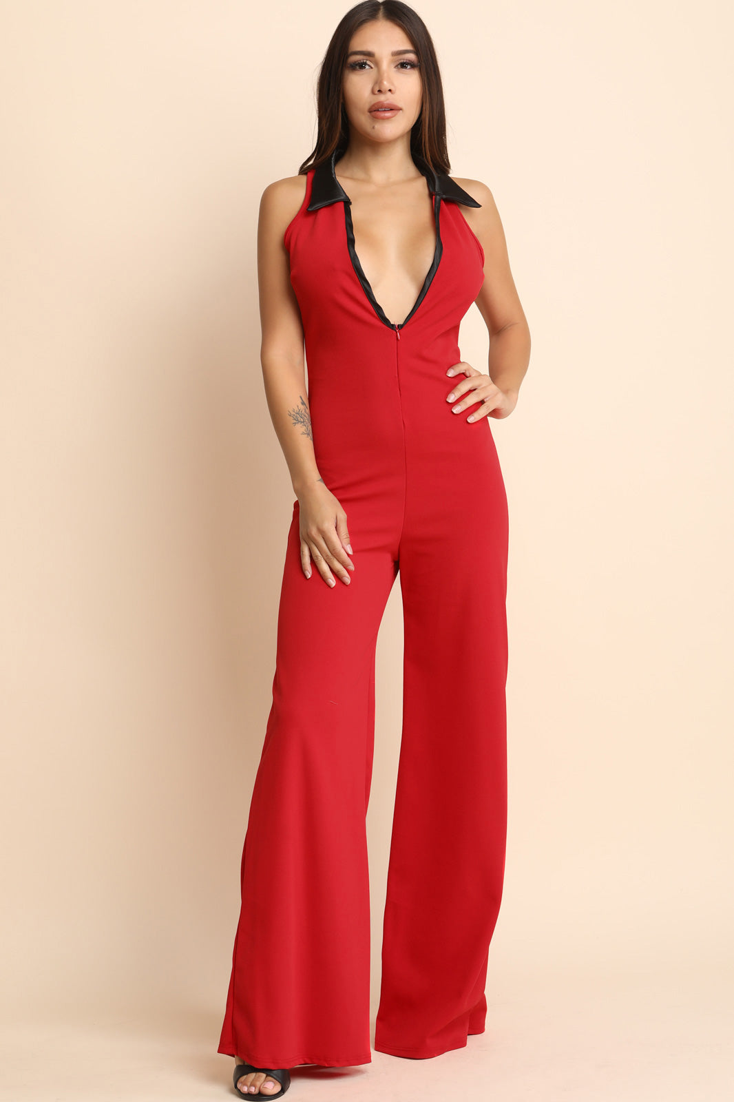 Plunging Neck Sleeveless Wide Leg Jumpsuit - YuppyCollections