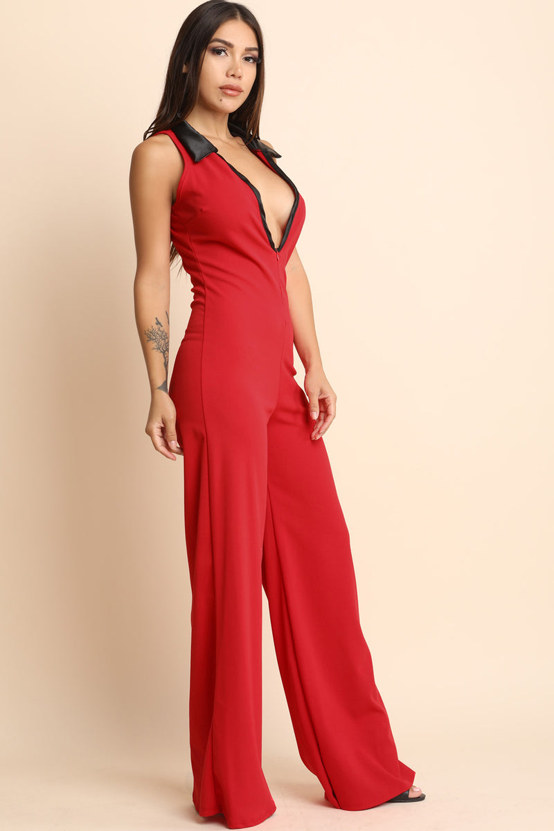 Plunging Neck Sleeveless Wide Leg Jumpsuit - YuppyCollections