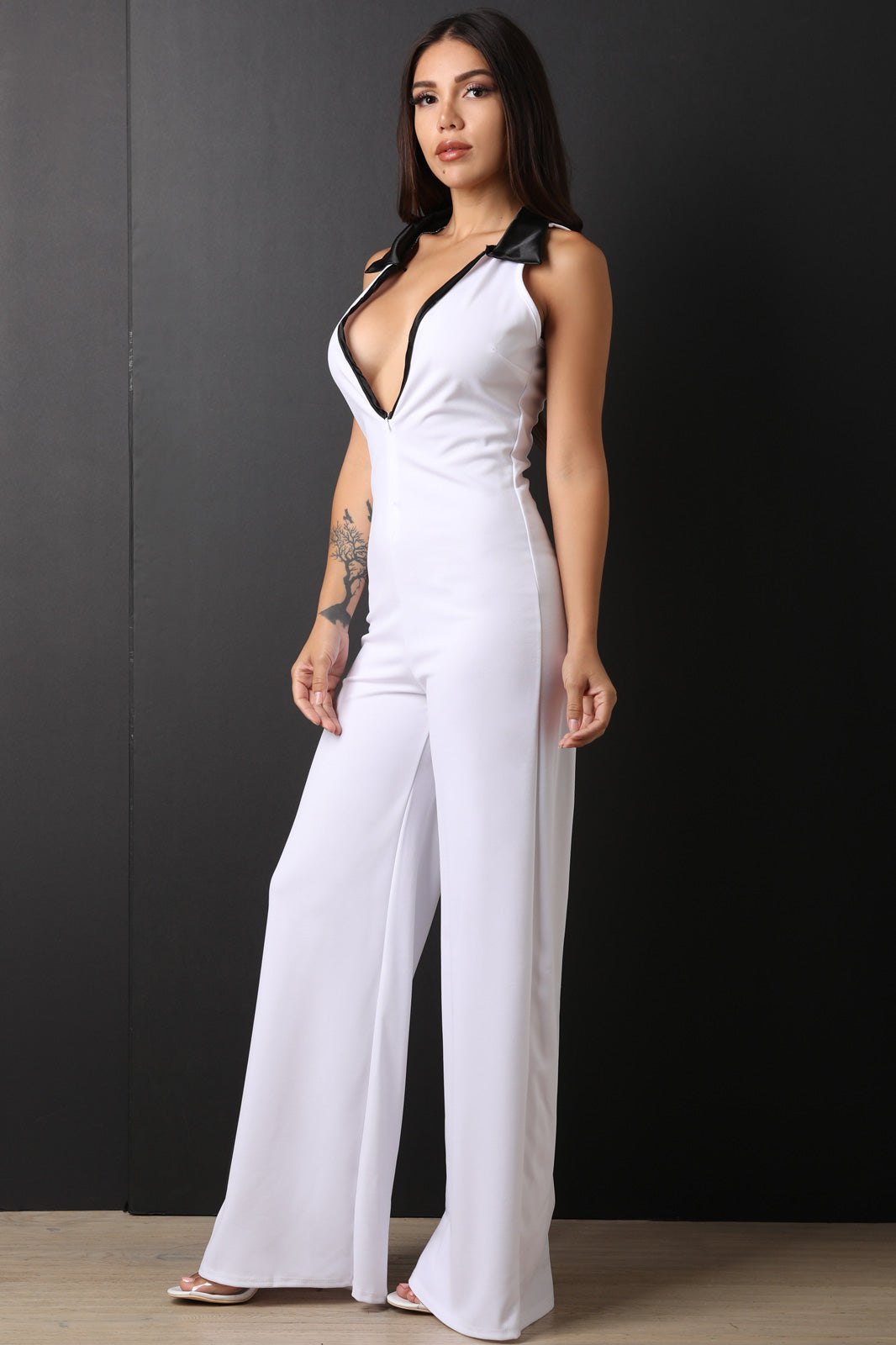 Plunging Neck Sleeveless Wide Leg Jumpsuit - YuppyCollections