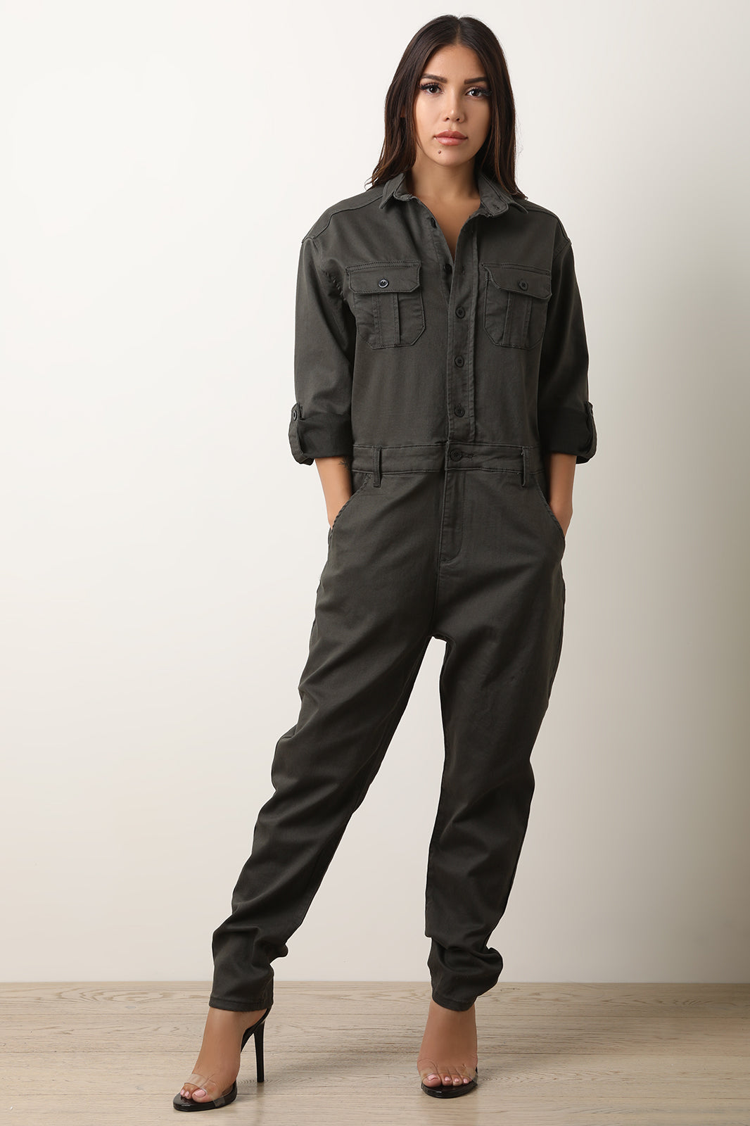 Button Up Collar Utility Jumpsuit - YuppyCollections