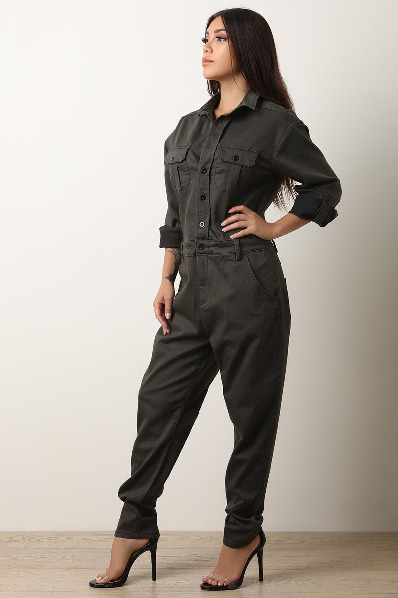 Button Up Collar Utility Jumpsuit - YuppyCollections