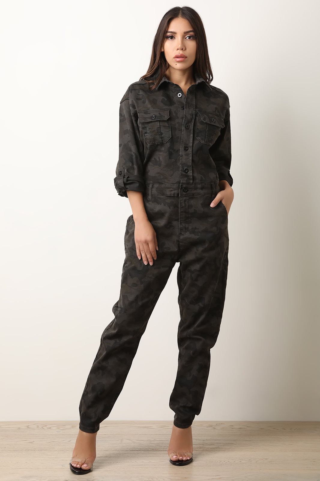 Camouflage Button Up Collar Utility Jumpsuit - YuppyCollections