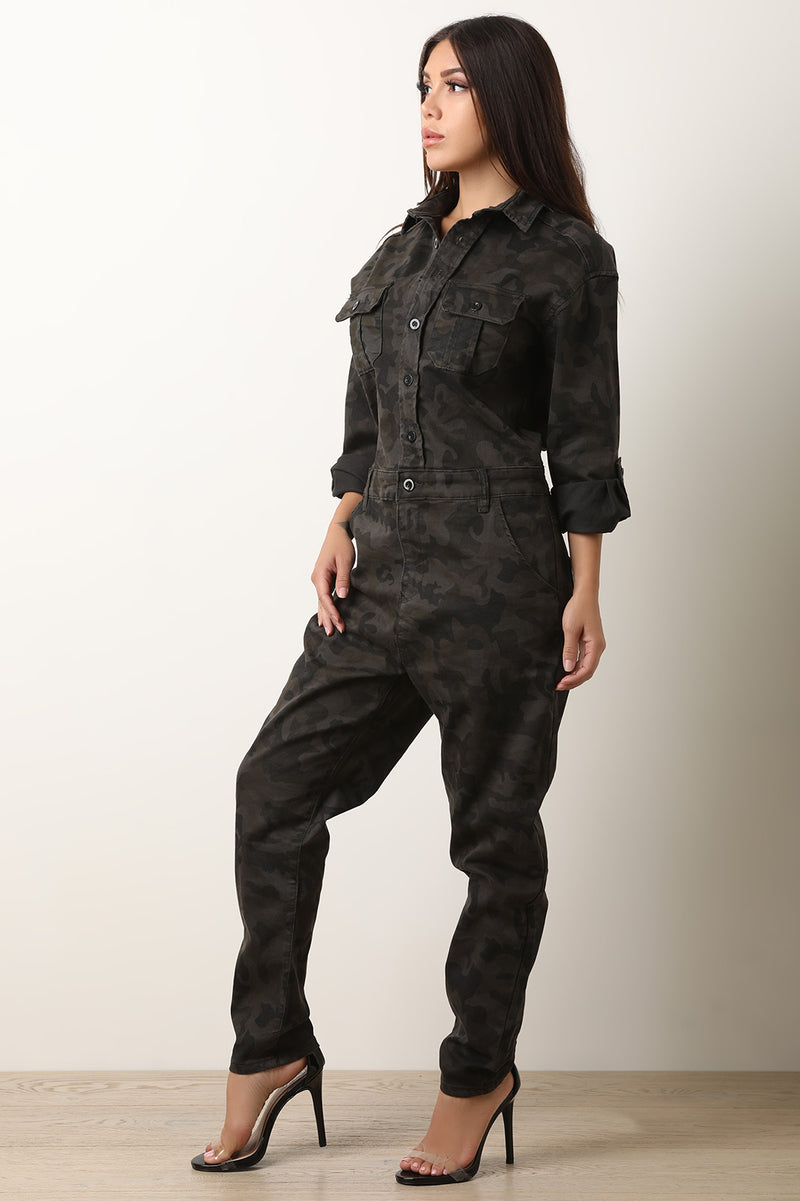 Camouflage Button Up Collar Utility Jumpsuit - YuppyCollections