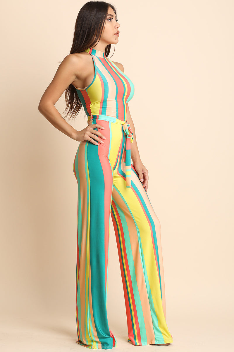 Striped Sleeveless Cutaway Mock Palazzo Jumpsuit - YuppyCollections