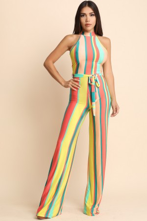 Striped Sleeveless Cutaway Mock Palazzo Jumpsuit - YuppyCollections