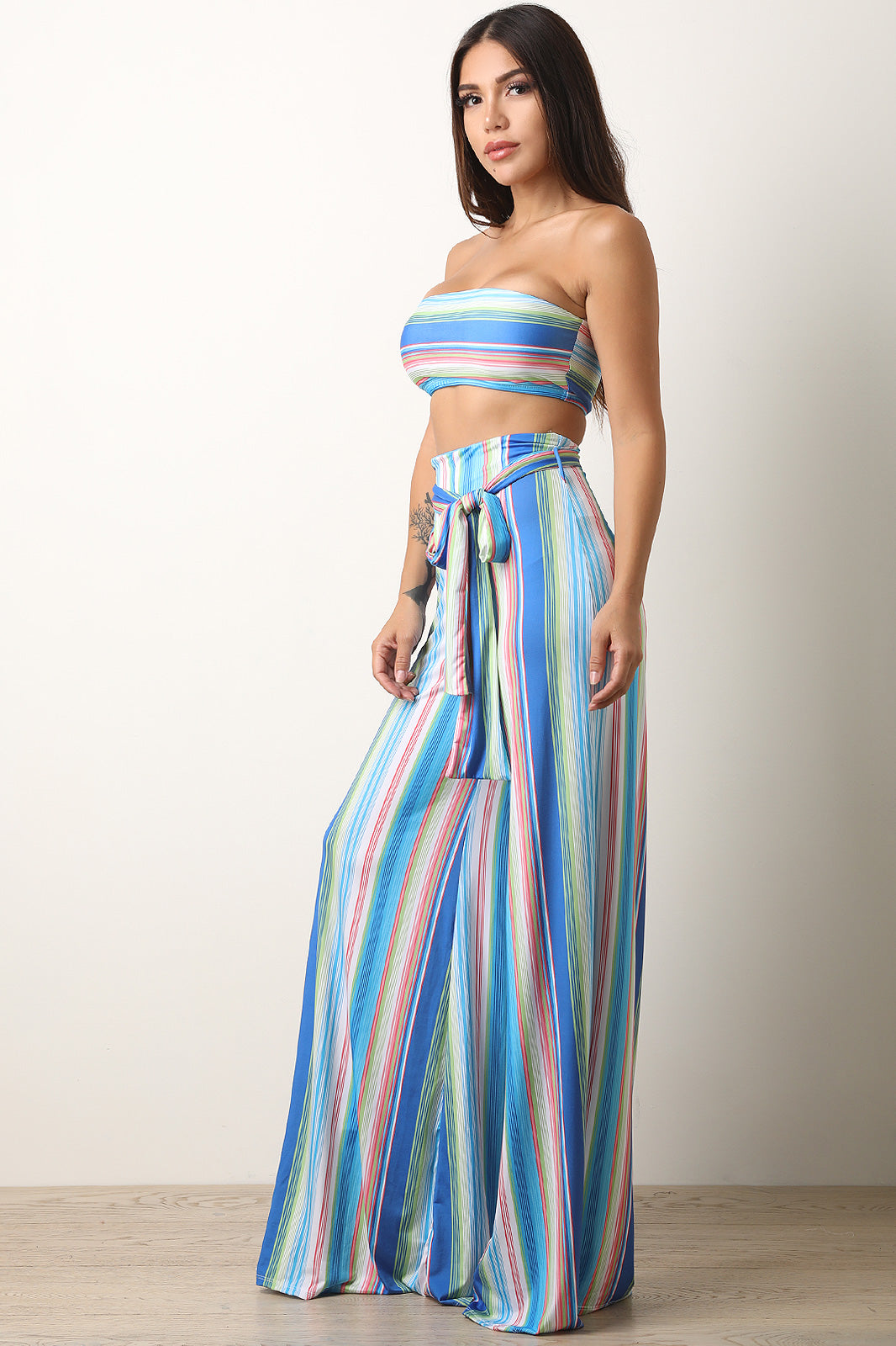 Two-Piece Striped Bandeau with Belted Palazzo Pants Set - YuppyCollections