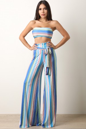 Two-Piece Striped Bandeau with Belted Palazzo Pants Set - YuppyCollections