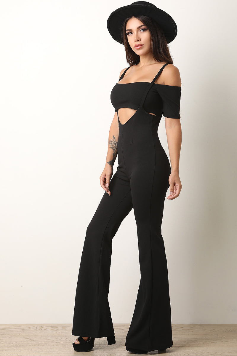 Two-Piece Bardot Crop Top with Overall Pants Set - YuppyCollections