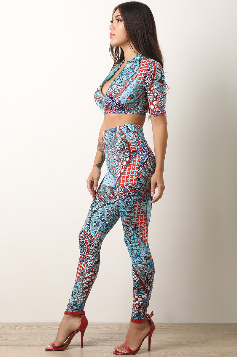 Two-Piece Geo Print Half-Zip Crop Top with High Rise Pants - YuppyCollections