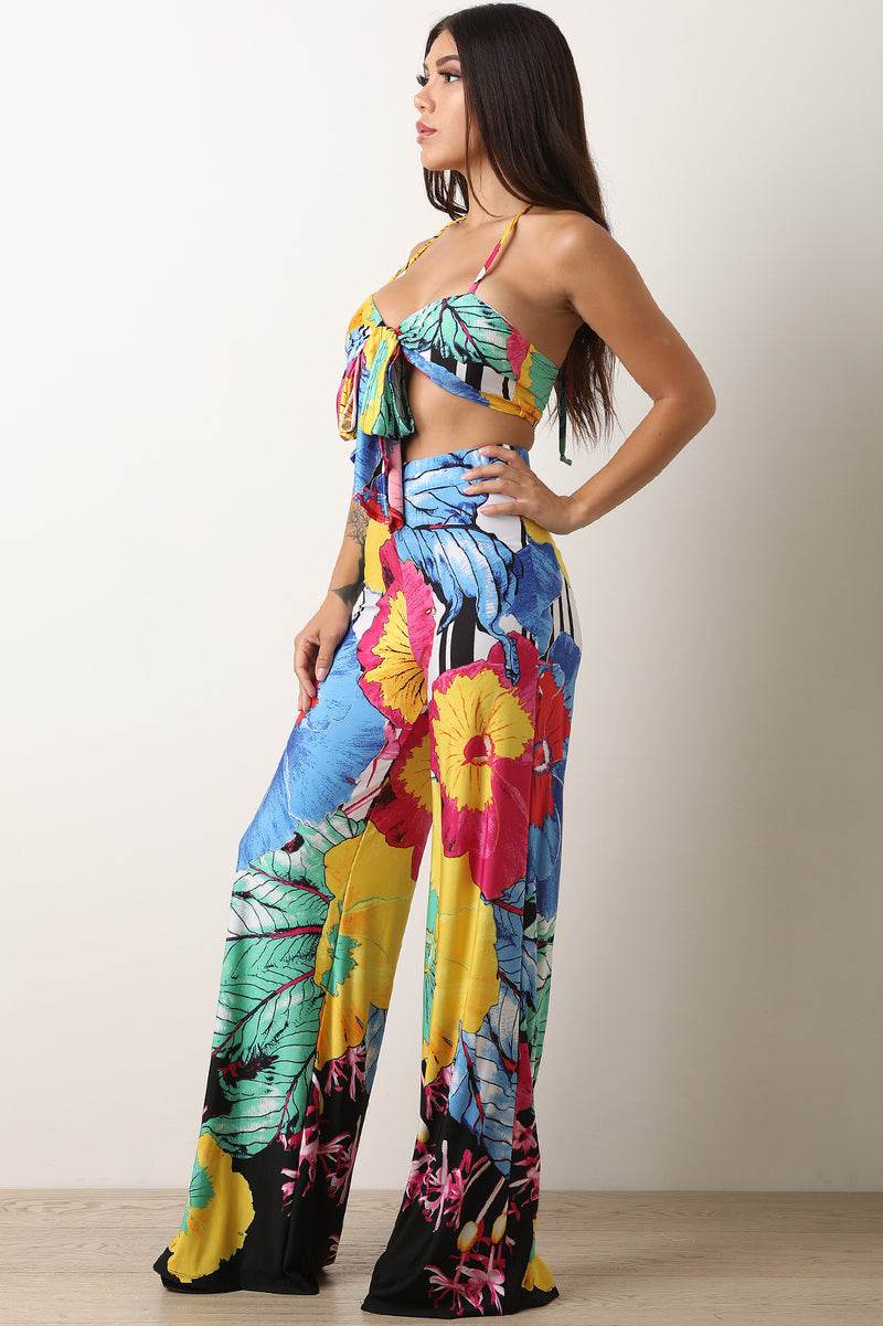 Two-Piece Floral Front Tie Halter with Palazzo Pants Set - YuppyCollections