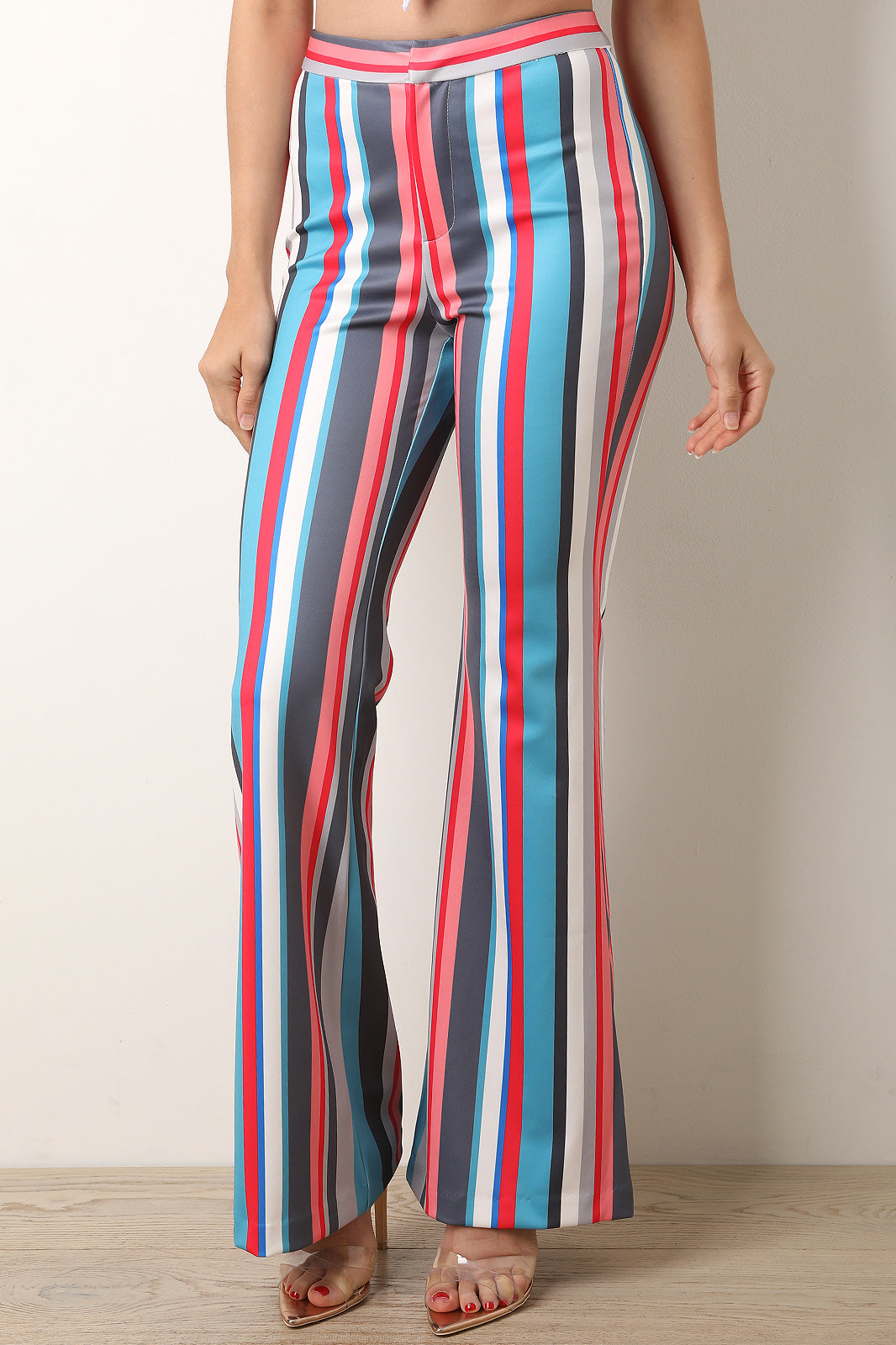 Vertical Striped High Rise Flare Pants - YuppyCollections