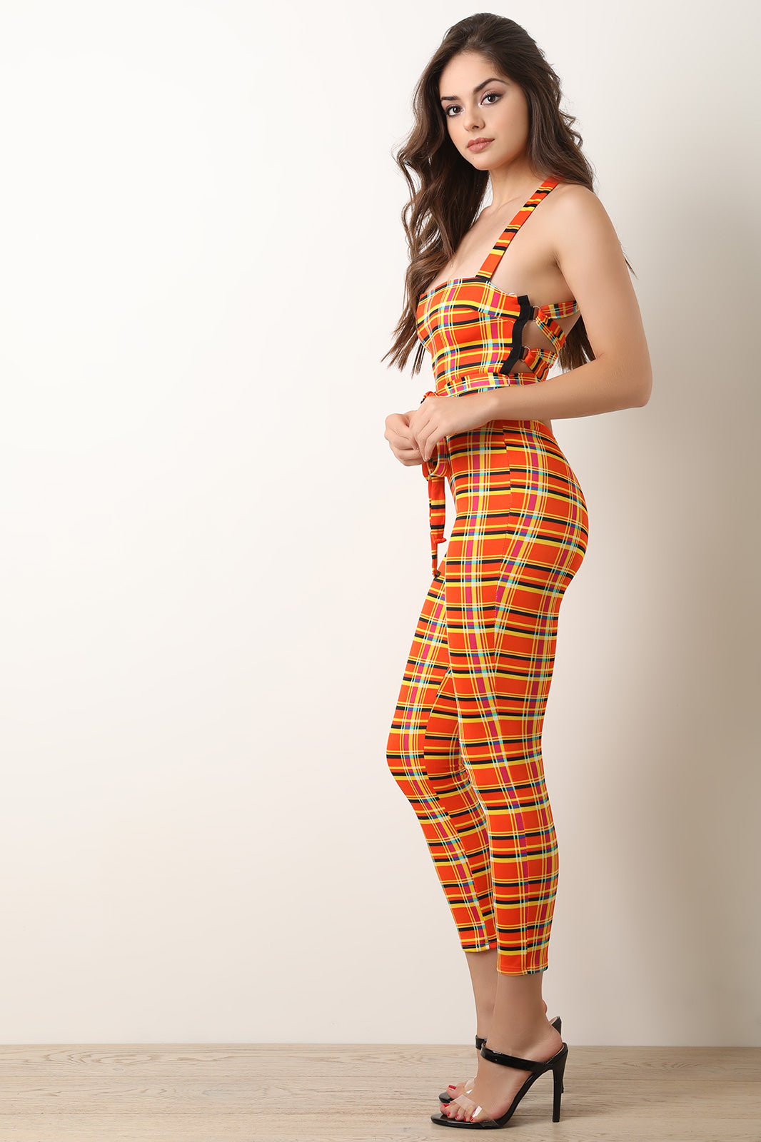 Plaid Sleeveless Crisscross Back Jumpsuit - YuppyCollections