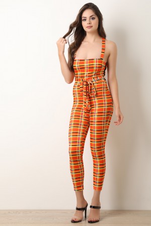 Plaid Sleeveless Crisscross Back Jumpsuit - YuppyCollections