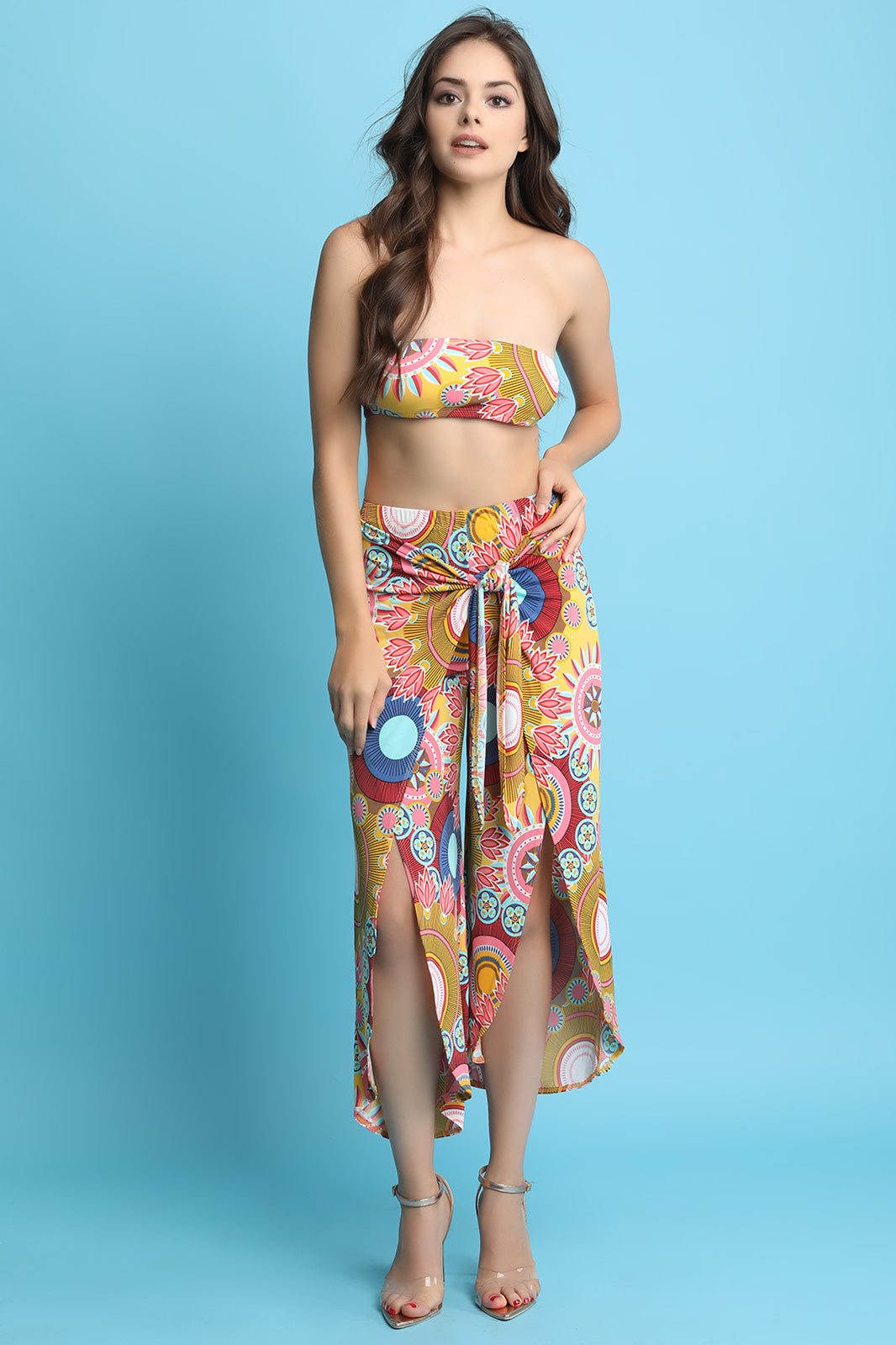 Bohemian Print Bandeau With Wrap Pants Set - YuppyCollections