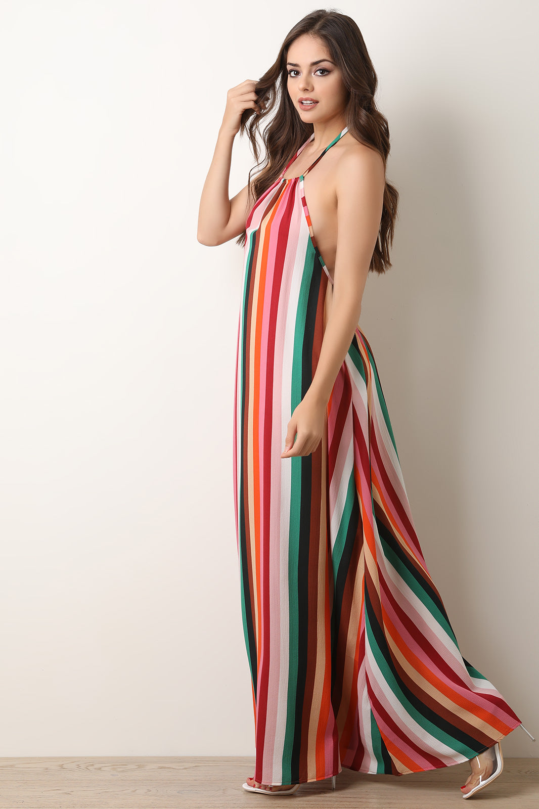 Colorful Stripe Sleeveless Halter Maxi Dress - YuppyCollections