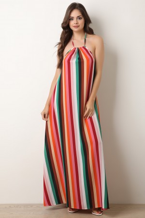 Colorful Stripe Sleeveless Halter Maxi Dress - YuppyCollections