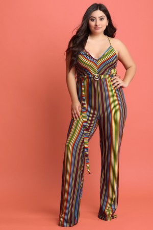 Color Spectrum Belted Palazzo Jumpsuit - YuppyCollections