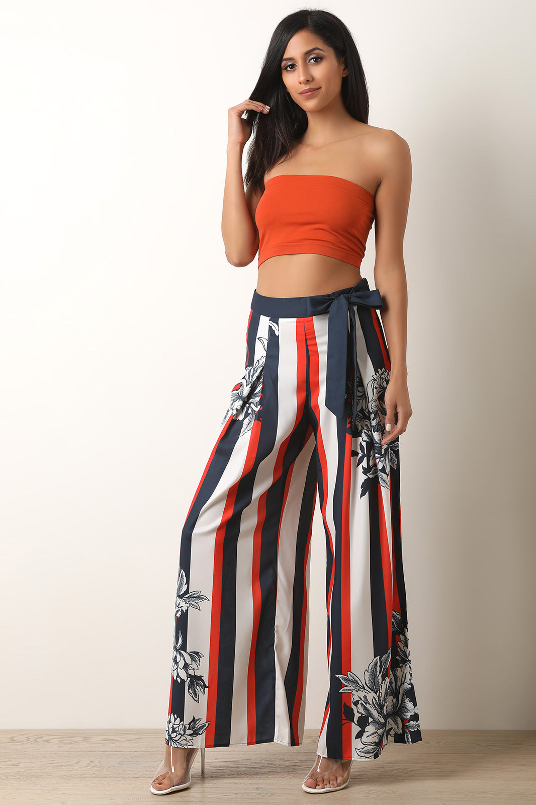 Floral Accent Striped Palazzo Pants - YuppyCollections