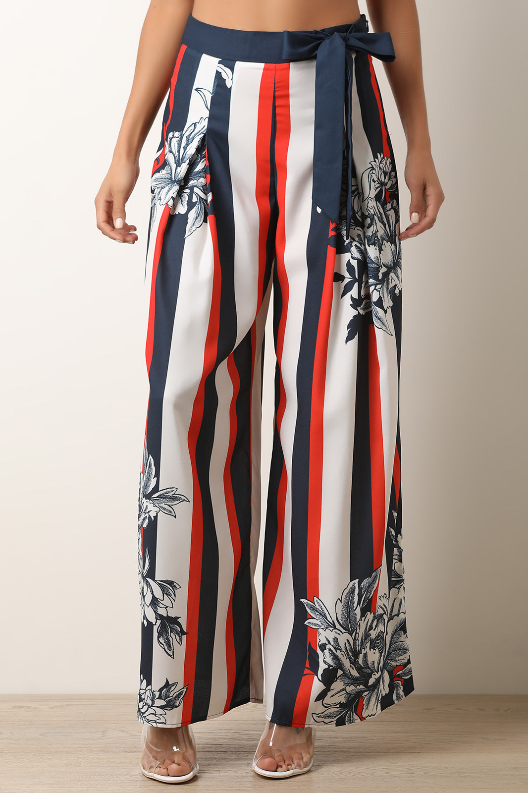 Floral Accent Striped Palazzo Pants - YuppyCollections