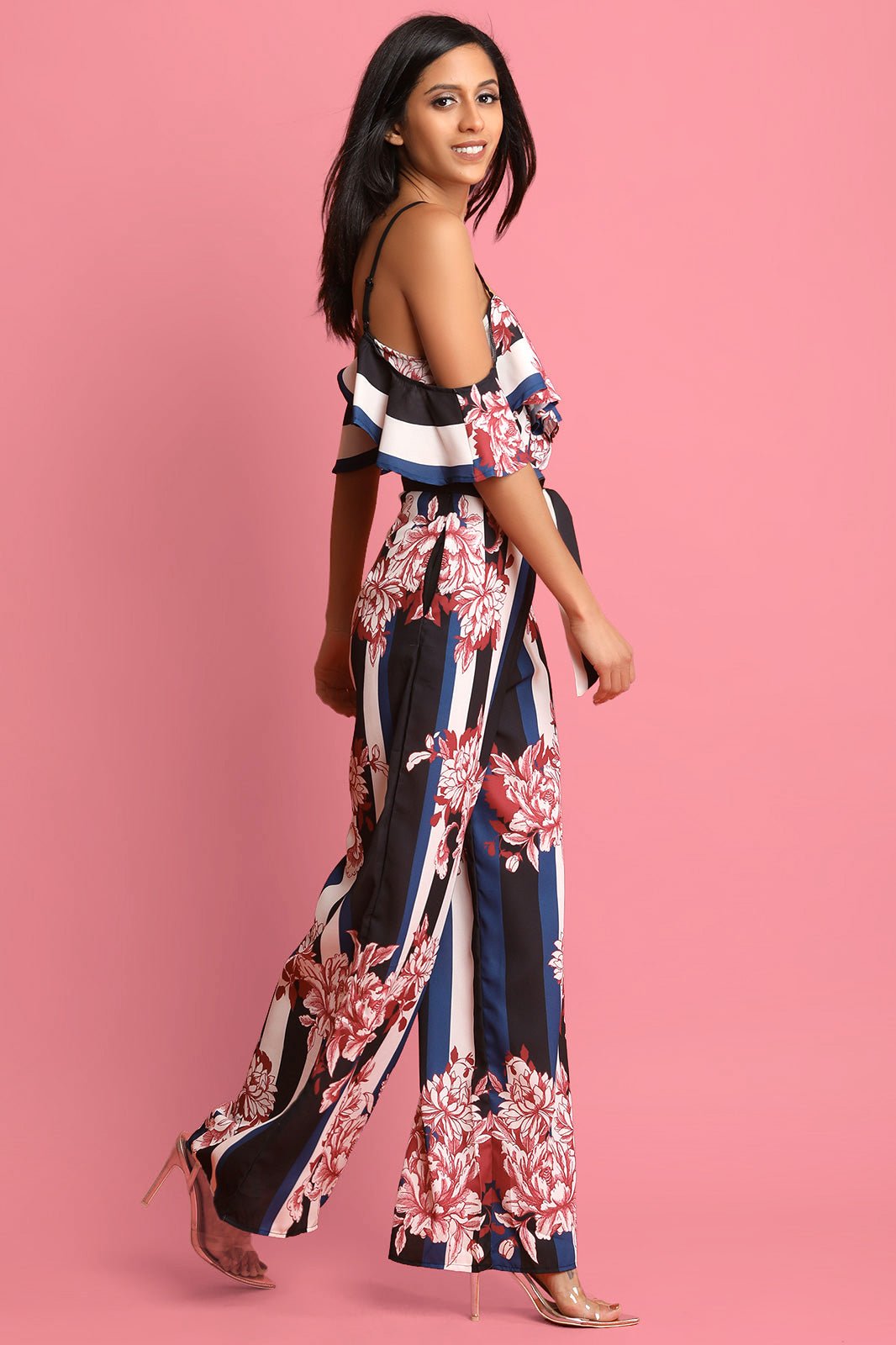 Flutter Bardot Floral Accent Striped Palazzo Jumpsuit - YuppyCollections