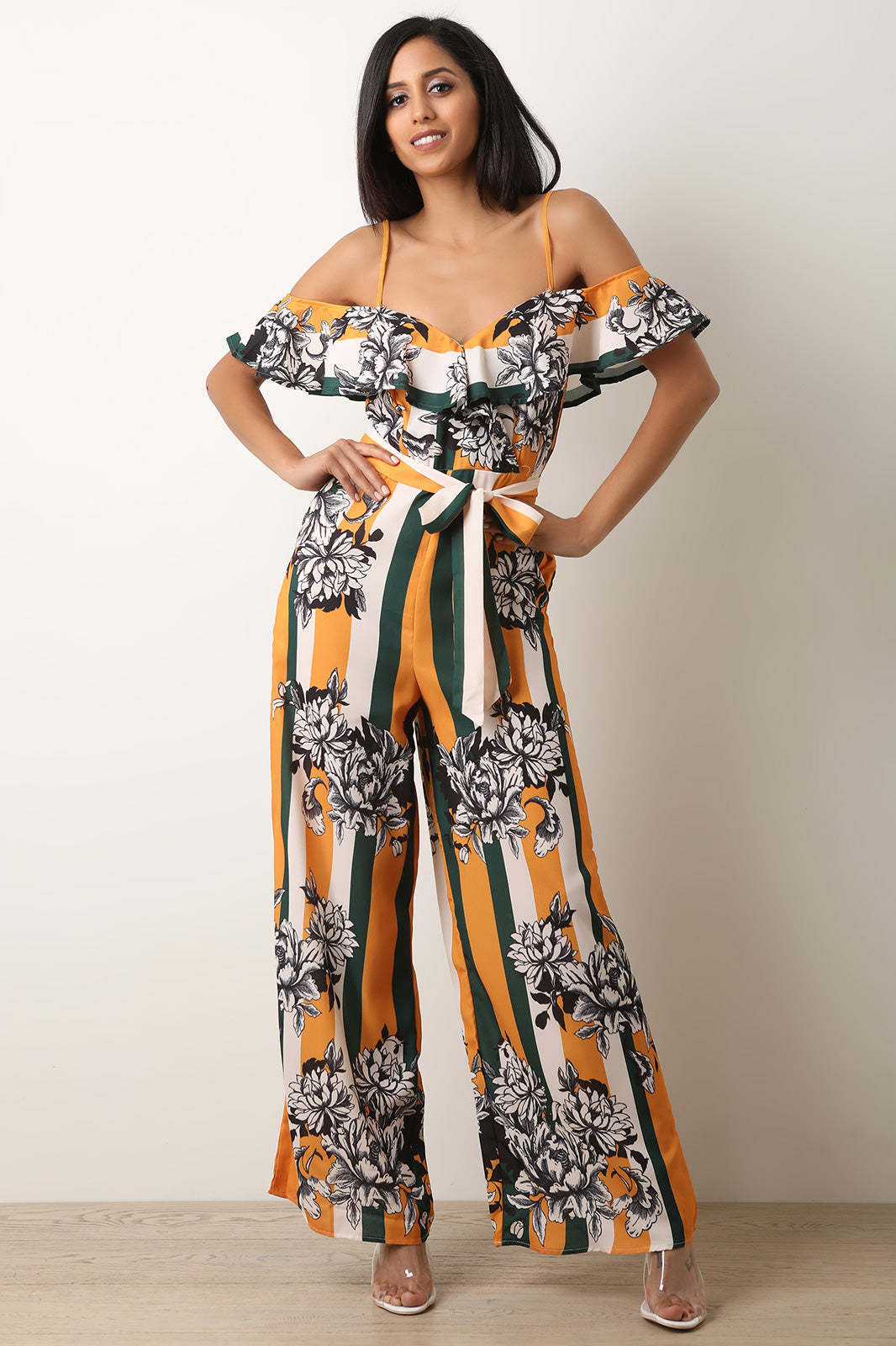 Flutter Bardot Floral Accent Striped Palazzo Jumpsuit - YuppyCollections