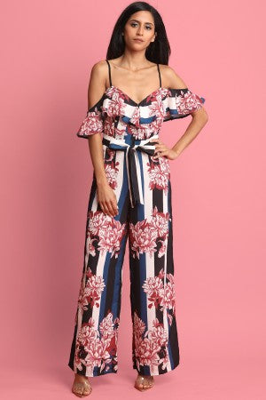 Flutter Bardot Floral Accent Striped Palazzo Jumpsuit - YuppyCollections