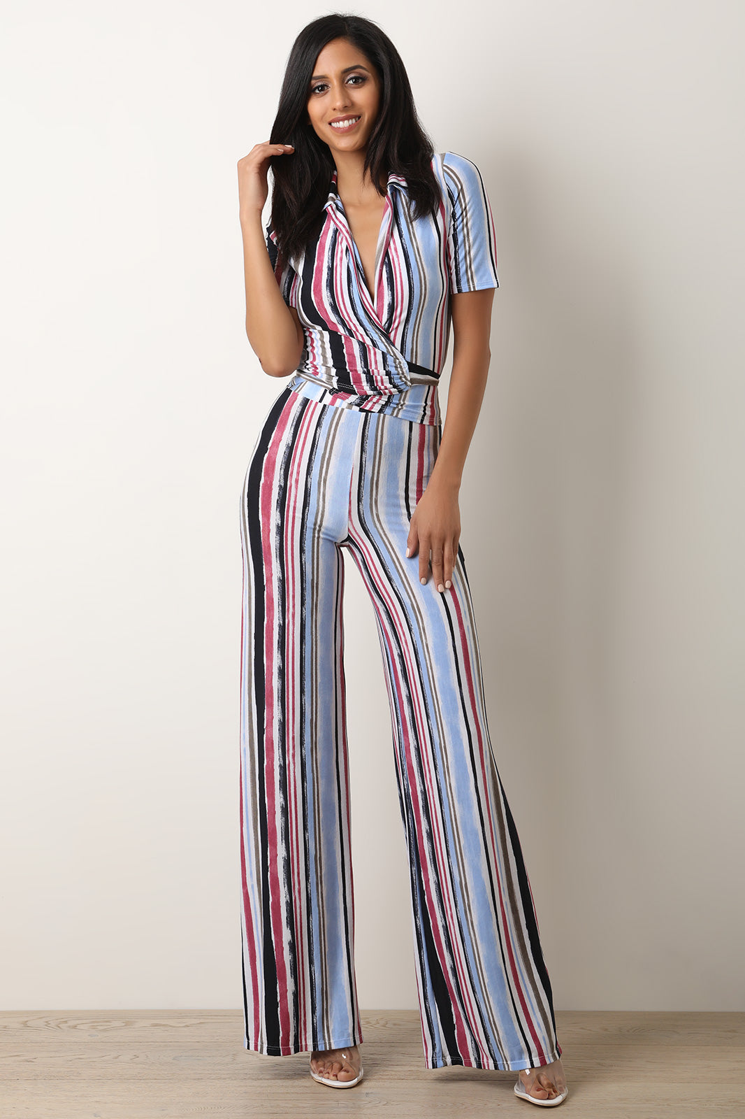 Vertical Striped Self-Tie Crop Top with Palazzo Pants Set - YuppyCollections