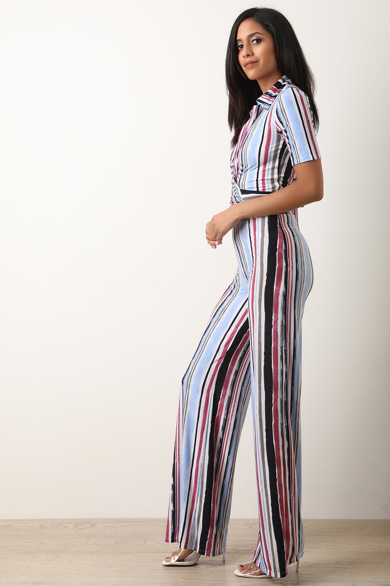 Vertical Striped Self-Tie Crop Top with Palazzo Pants Set - YuppyCollections