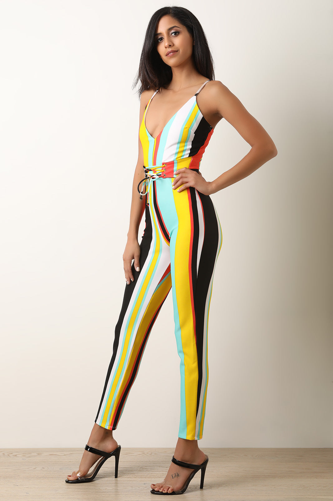 Striped Corset Deep Neck Jumpsuit - YuppyCollections