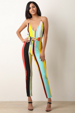 Striped Corset Deep Neck Jumpsuit - YuppyCollections