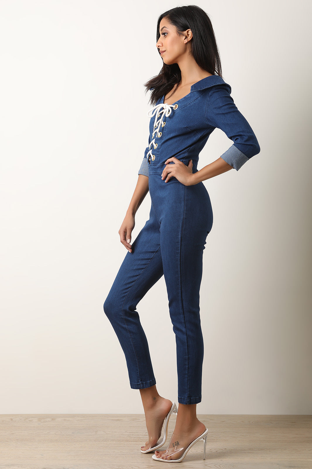 Denim Off The Shoulder Corset Lace-Up Jumpsuit - YuppyCollections