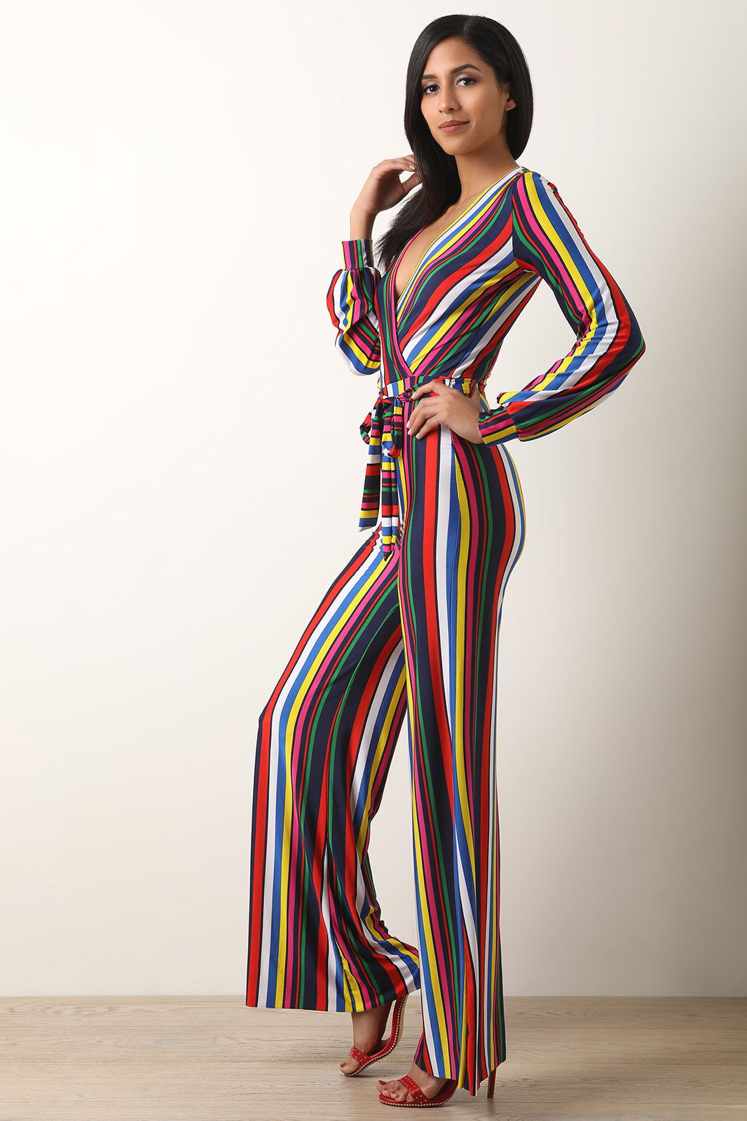 Candy Striped Surplice Palazzo Jumpsuit - YuppyCollections