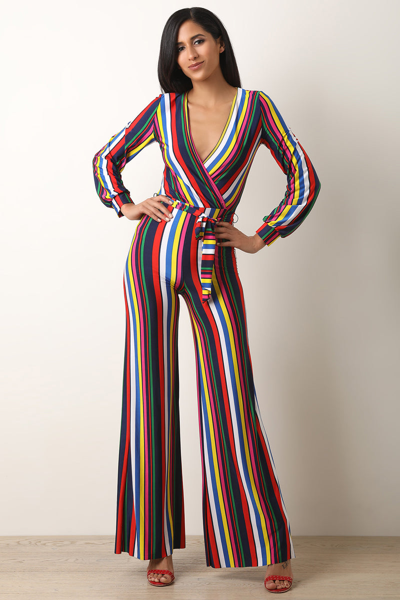 Candy Striped Surplice Palazzo Jumpsuit - YuppyCollections