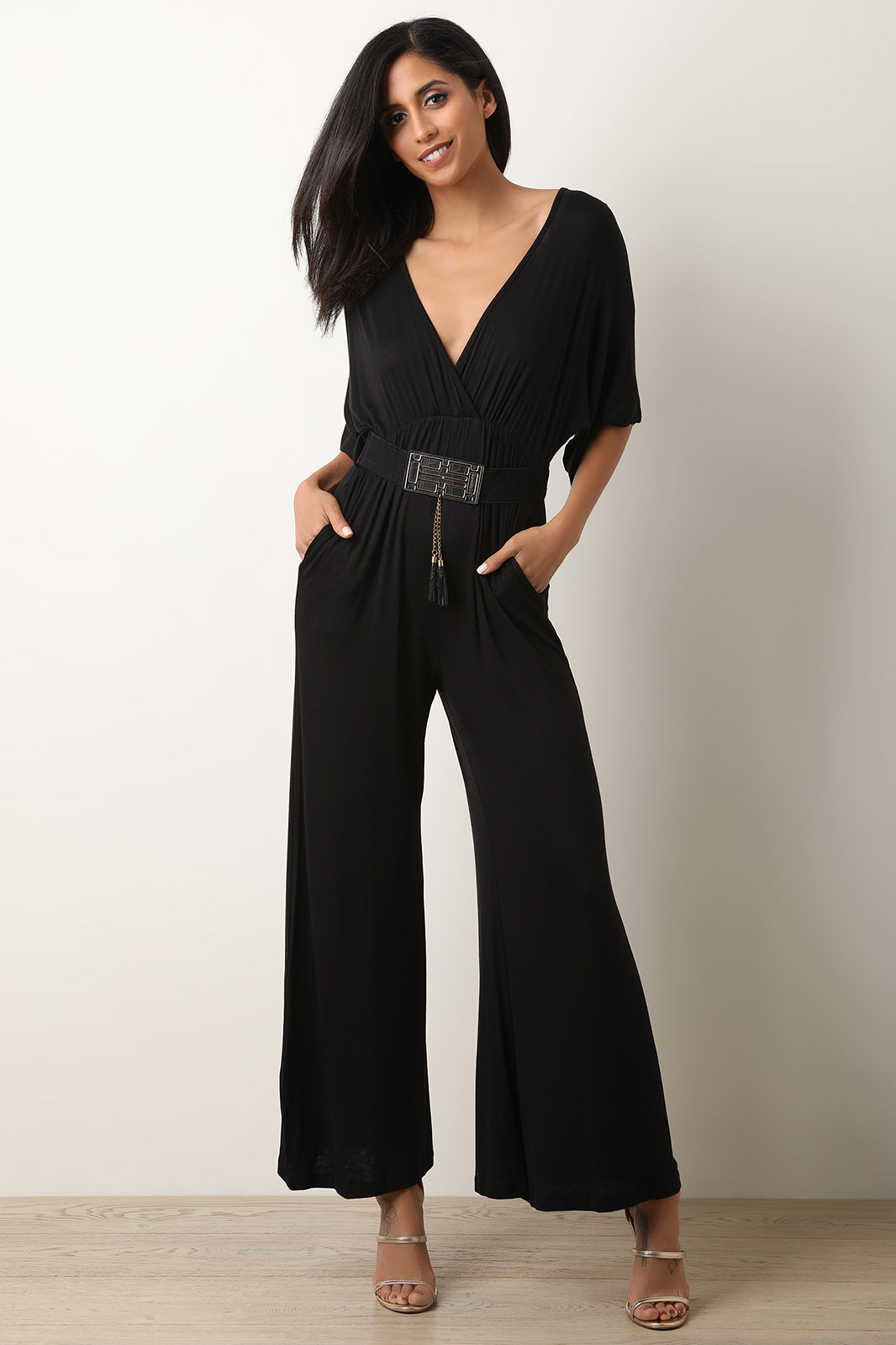 Tassel Belt Surplice Palazzo Jumpsuit - YuppyCollections