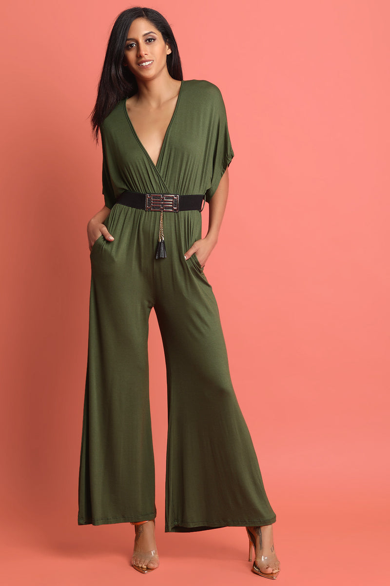 Tassel Belt Surplice Palazzo Jumpsuit - YuppyCollections