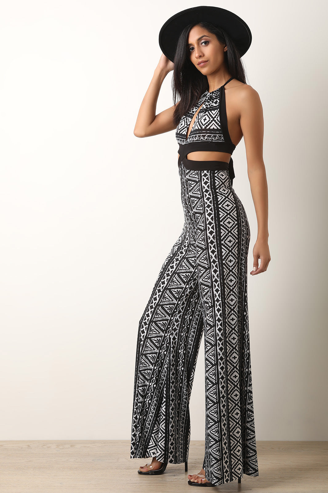 Boho Print Side Cutout Halter Palazzo Jumpsuit - YuppyCollections