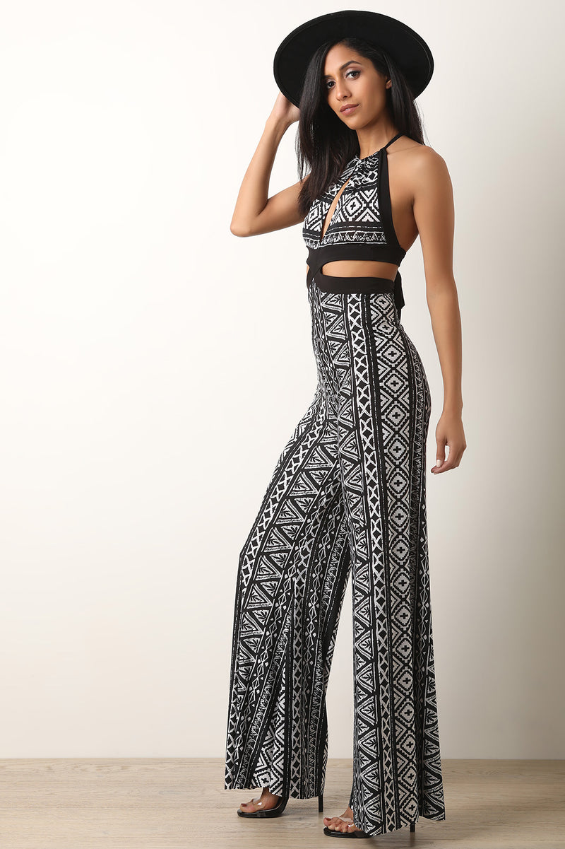 Boho Print Side Cutout Halter Palazzo Jumpsuit - YuppyCollections