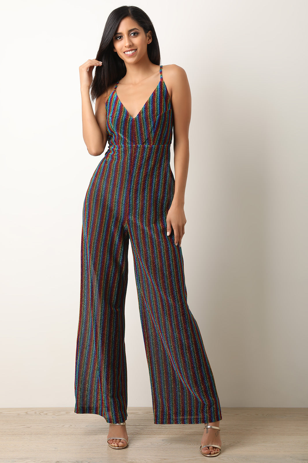 Glitter Stripe Cross Back Wide Leg Jumpsuit - YuppyCollections