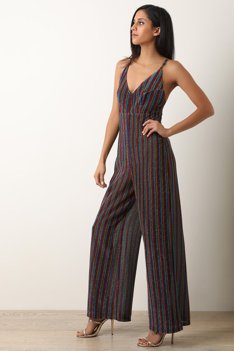 Glitter Stripe Cross Back Wide Leg Jumpsuit - YuppyCollections