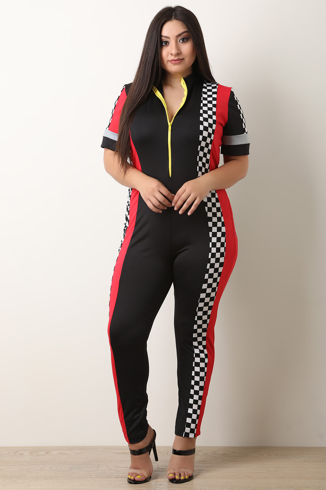 Checkered Colorblock Zip-Up Jumpsuit - YuppyCollections