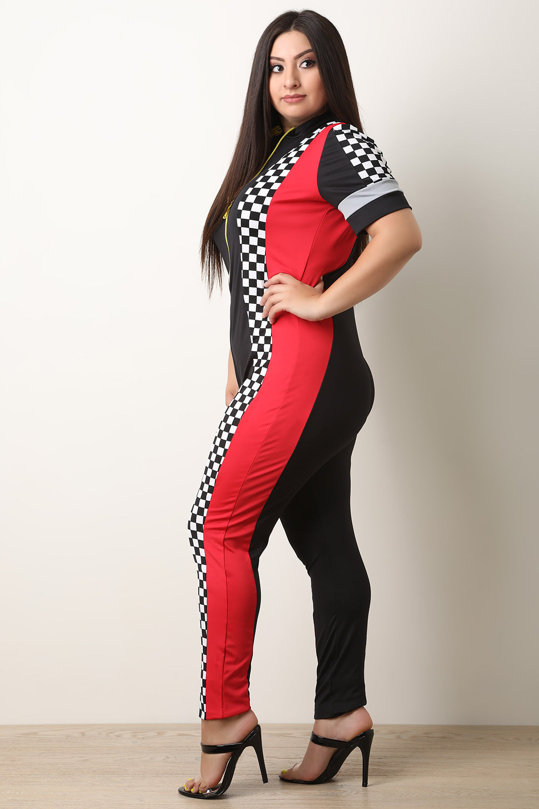 Checkered Colorblock Zip-Up Jumpsuit - YuppyCollections