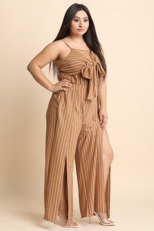 Two-Piece Pin Striped Crop Top With Tulip Slit Palazzo Pants Set - YuppyCollections