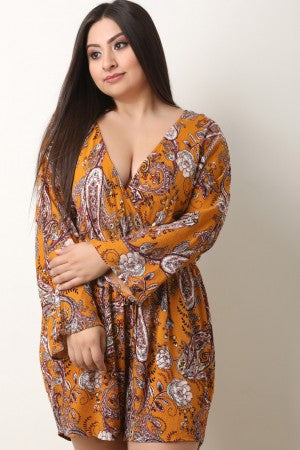 Paisley Surplice Flared Sleeve Romper - YuppyCollections