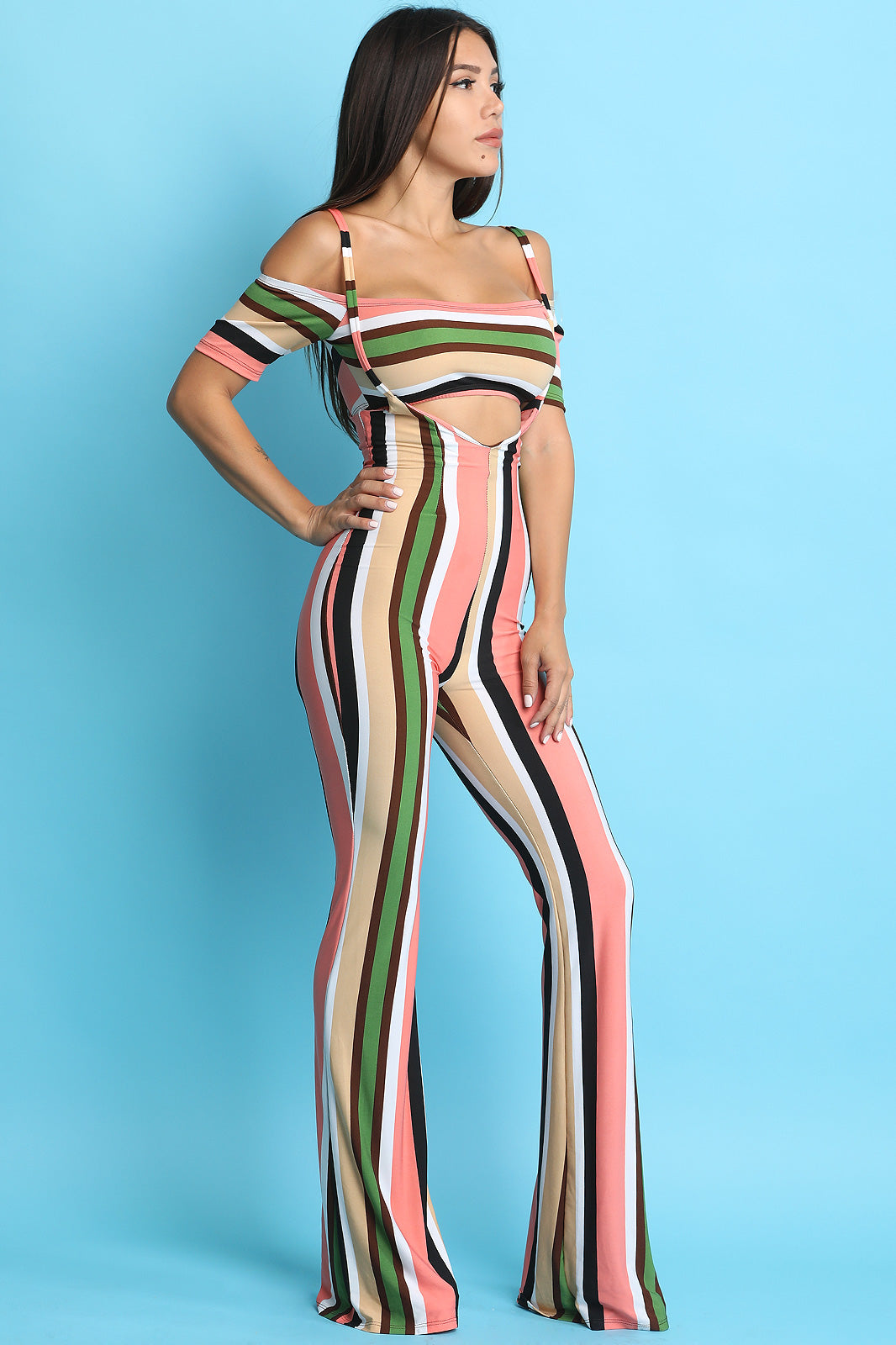 Two-piece Striped Bardot Crop Top with Suspender Flare Pants - YuppyCollections