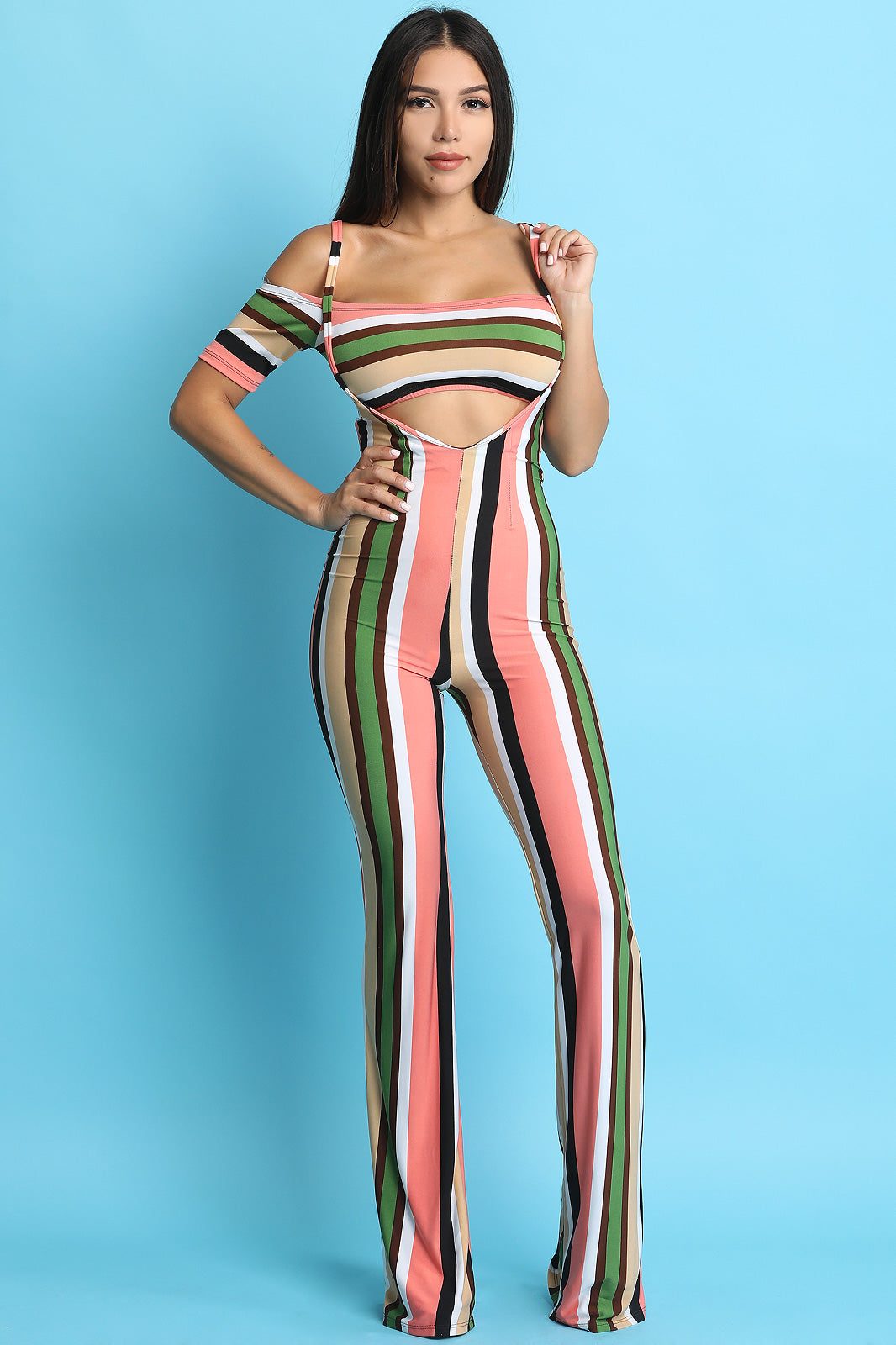 Two-piece Striped Bardot Crop Top with Suspender Flare Pants - YuppyCollections