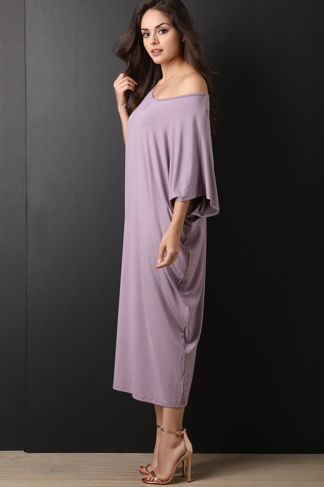 Kimono Sleeve Jersey Knit Drape Maxi Dress - YuppyCollections