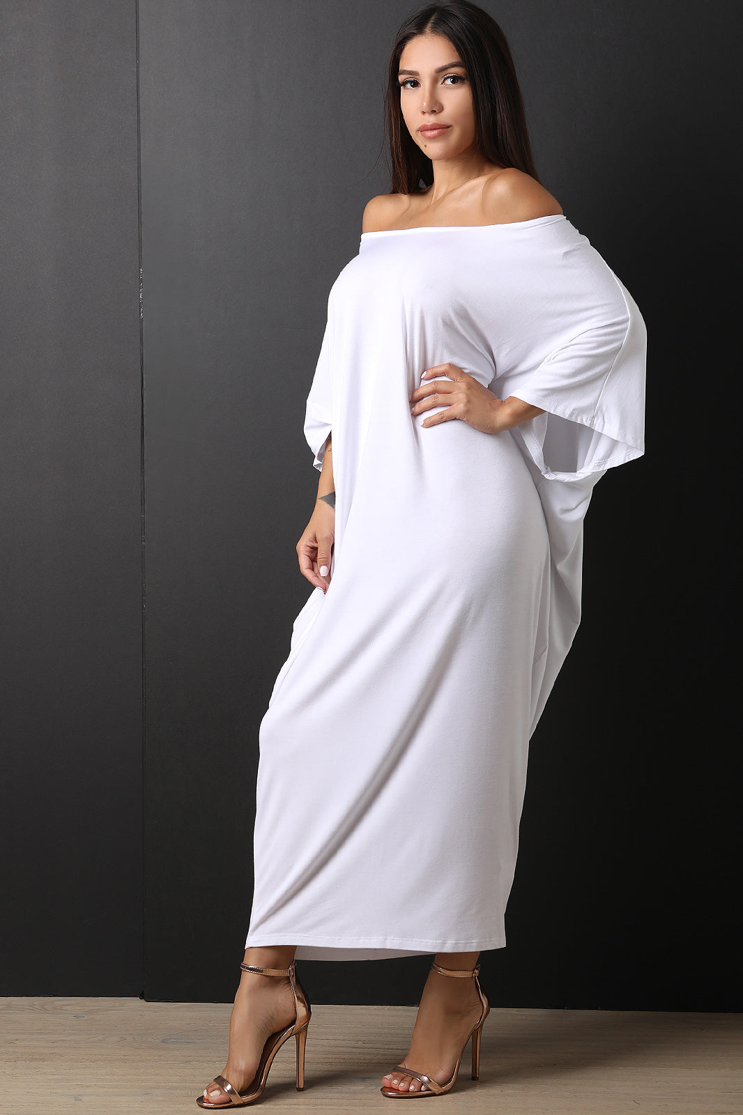 Kimono Sleeve Jersey Knit Drape Maxi Dress - YuppyCollections