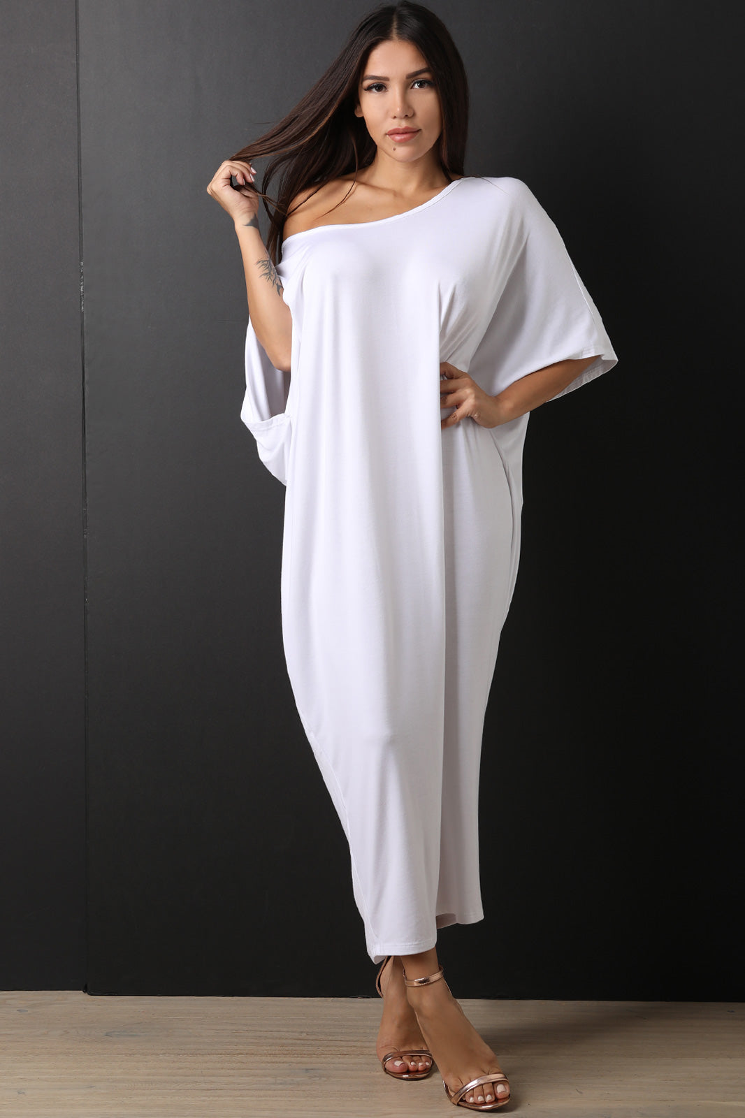 Kimono Sleeve Jersey Knit Drape Maxi Dress - YuppyCollections