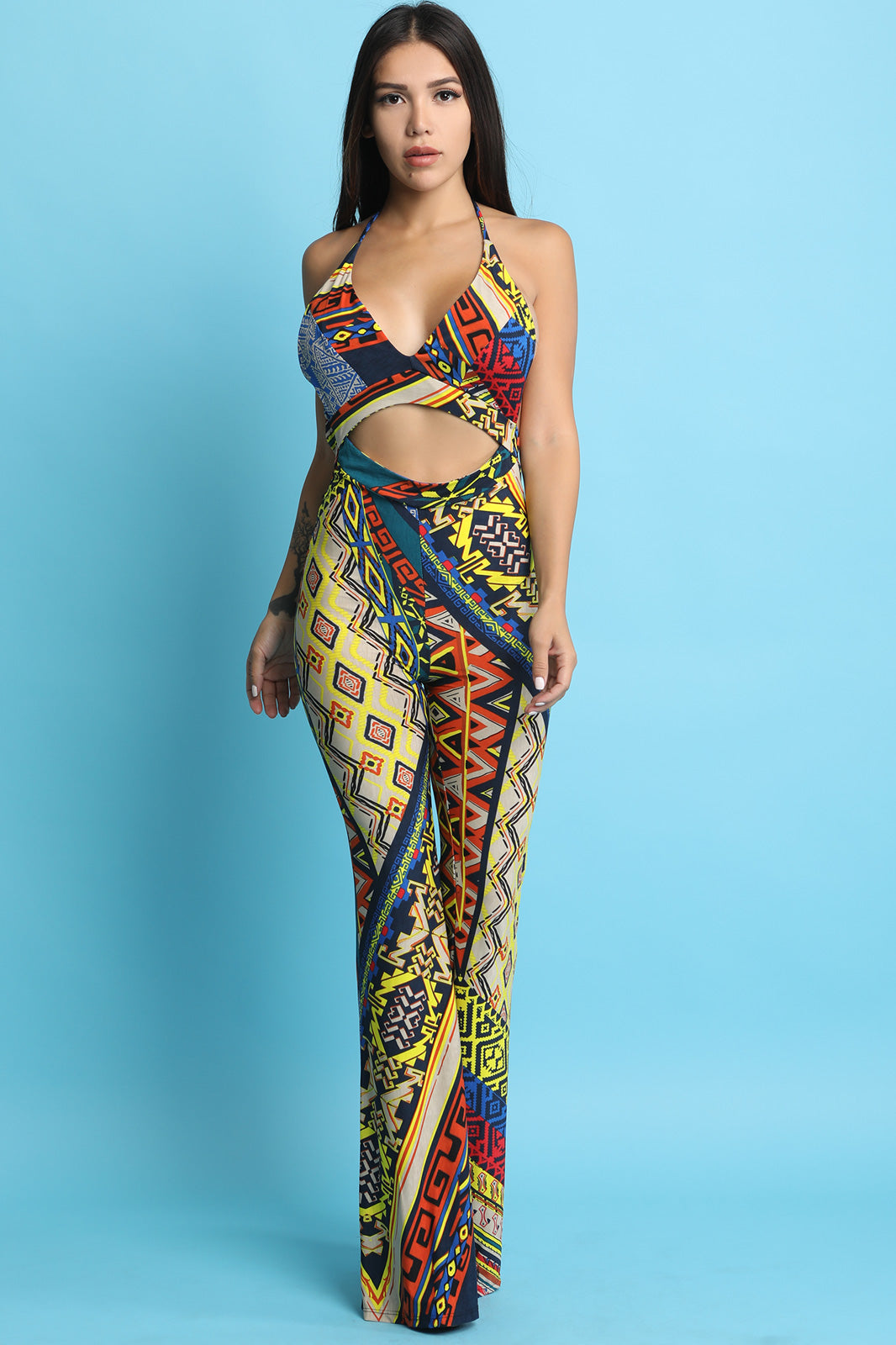 Mixed Print Open Midriff Halter Jumpsuit - YuppyCollections