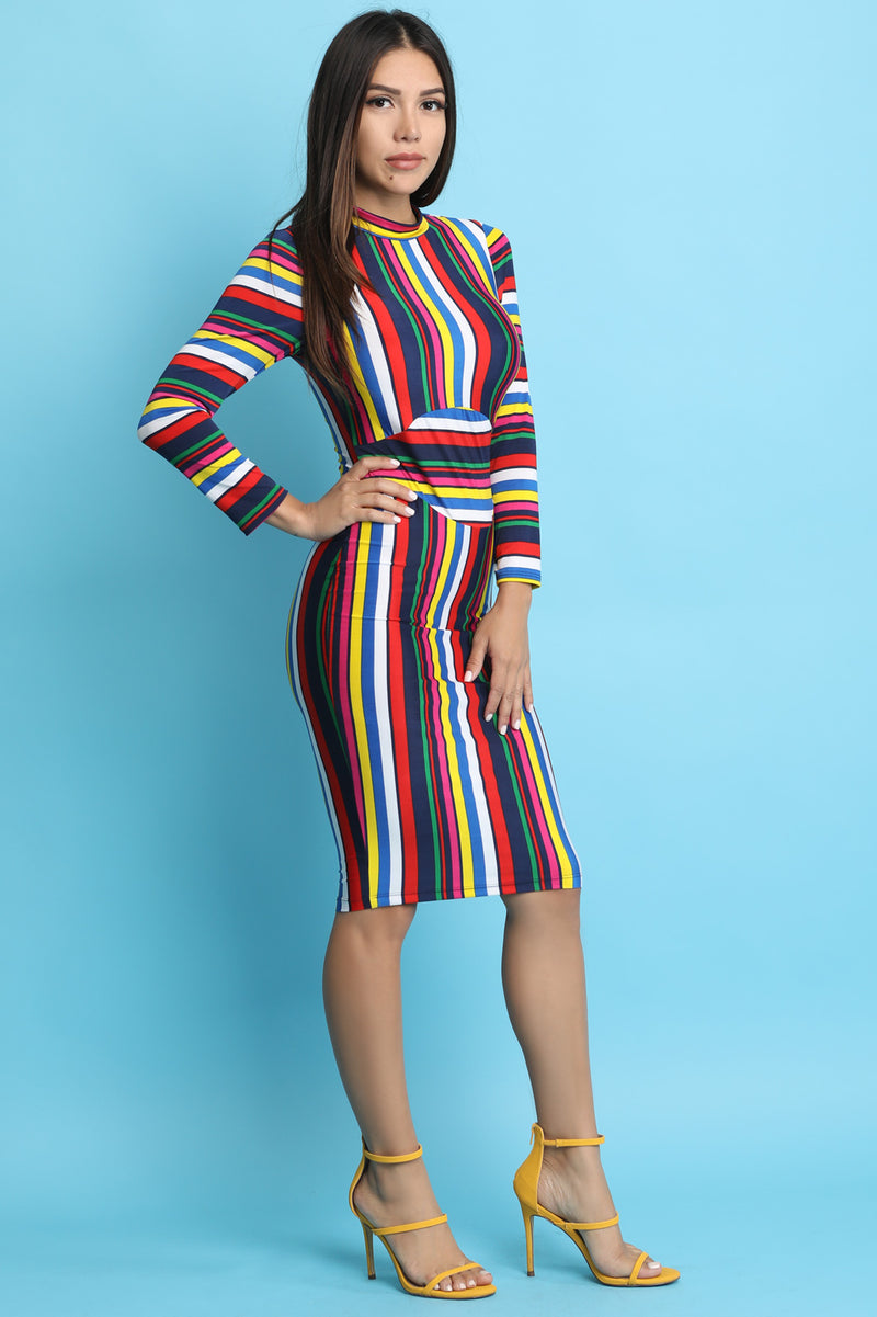 Colorful Stripe Long Sleeve Midi Dress - YuppyCollections